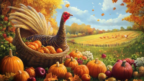 Autumn harvest tableau with turkey in woven basket amid pumpkins