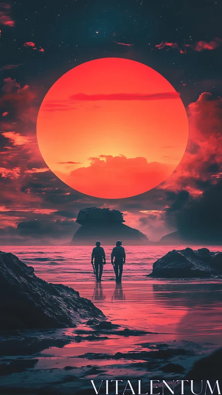 Two figures walk toward oversized red sun over reflective sea