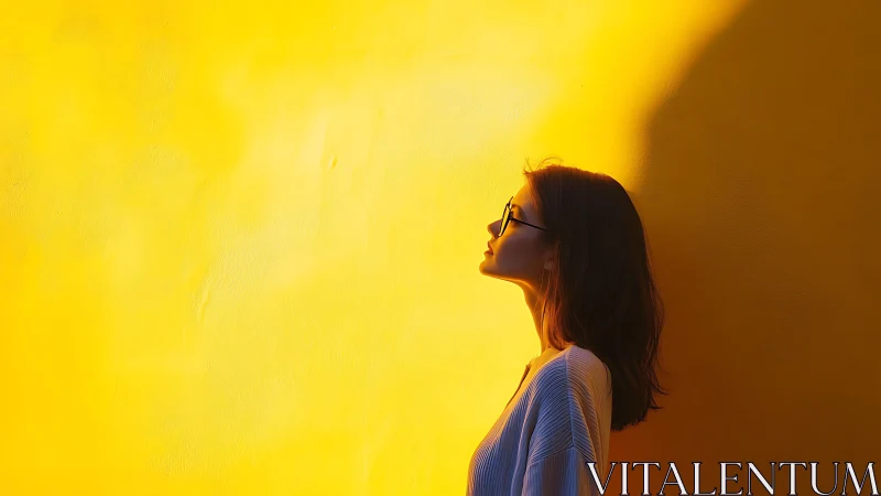 Woman in Glasses in Sunlight Against Bright Yellow Wall, Minimalist Style.