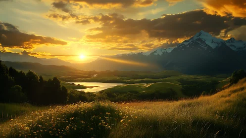 Sunlit alpine valley with luminous wildflower meadow at dusk.