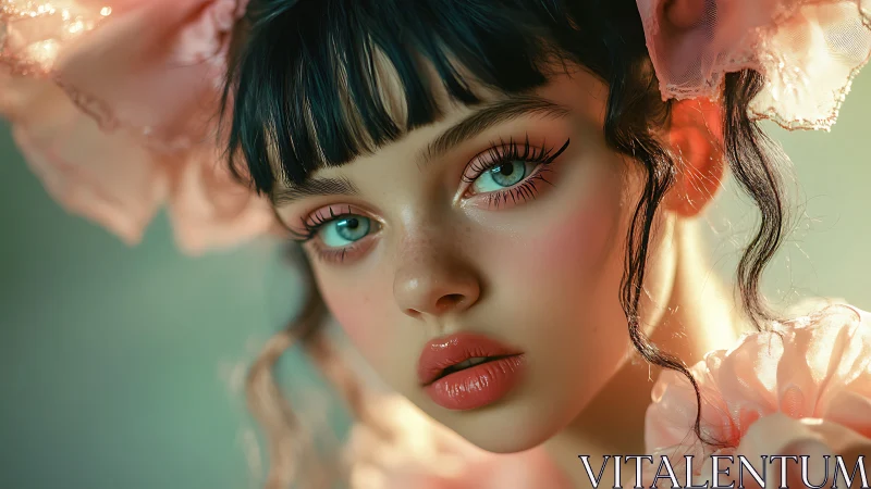 Soft-lit close-up portrait of doll-like girl in pink.
