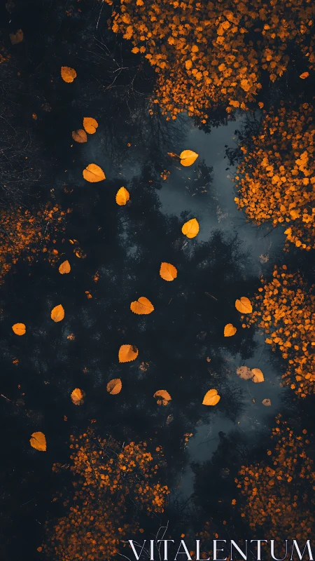 Golden autumn leaves above dark reflective forest water.