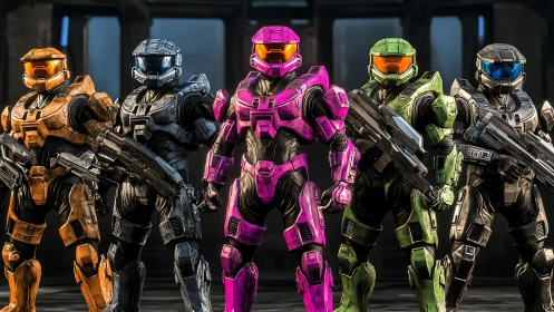 Armored sci fi soldiers in multicolored powered exosuits.
