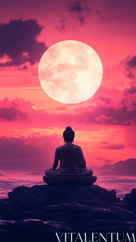 Solitary Buddha silhouette contemplates oversized lunar disc
