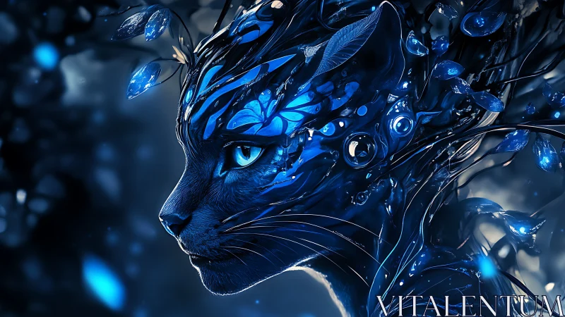 Digital feline head with blue crystalline geometric structures