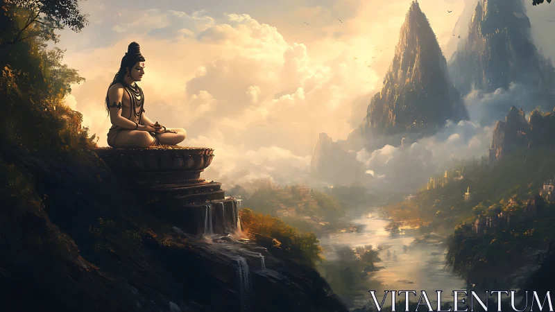 Serene mountain deity meditates above a mist-lit river valley