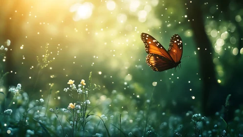Monarch butterfly in sunlit forest glade, dreamy bokeh style.