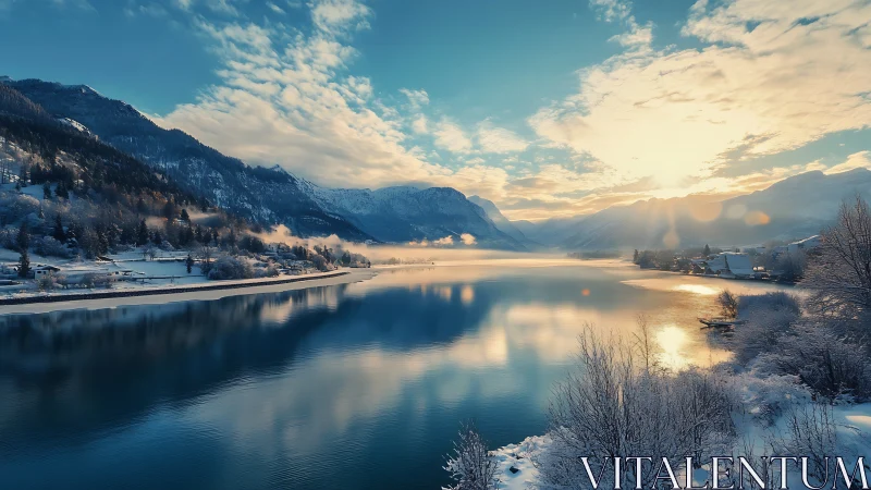 Snowy alpine lake at sunrise with reflective blue waters.