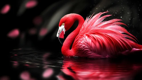 Vibrant digital flamingo gliding over dark reflective water.