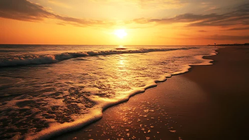 Low-angle coastal sunset with reflective golden wavefronts.