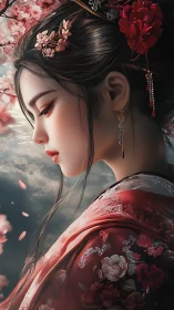 Profile portrait of elegant geisha under spring blossoms.