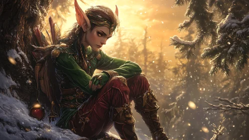 Quiet winter pause as an elven scout rests in glowing forest snow