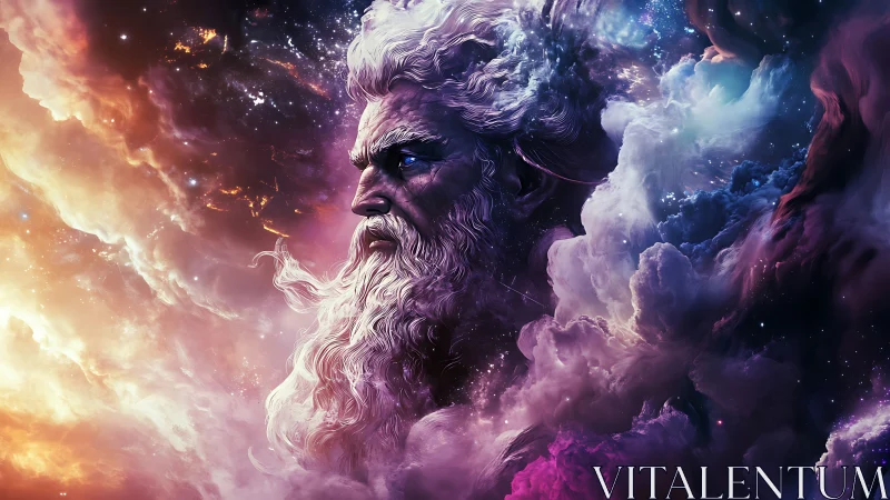 Elderly male profile integrates into multicolored nebula clouds