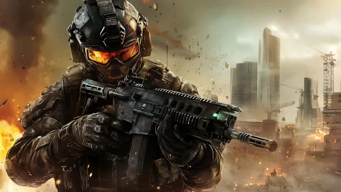 Tactical operator with carbine in urban firestorm engagement.