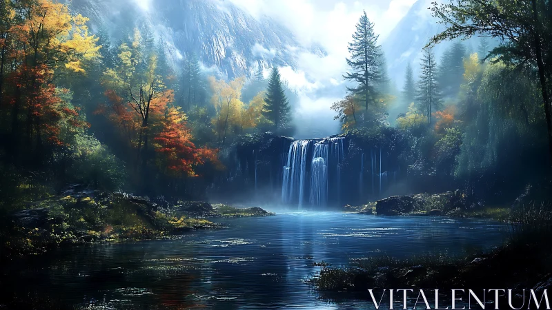 Mystic waterfall cascades into a tranquil autumn valley lake