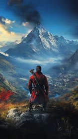 Lone ranger surveys misty alpine valley beneath smoking peak