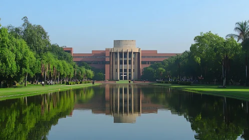 Modern campus building reflects calmly in a long water canal