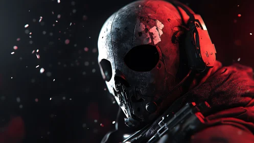 Armored skull soldier in red-lit tactical combat gear.