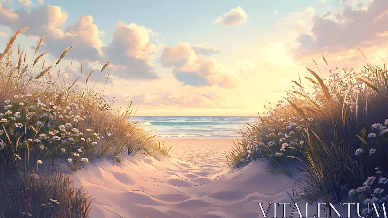 Coastal sand path through dunes toward calm sea horizon.