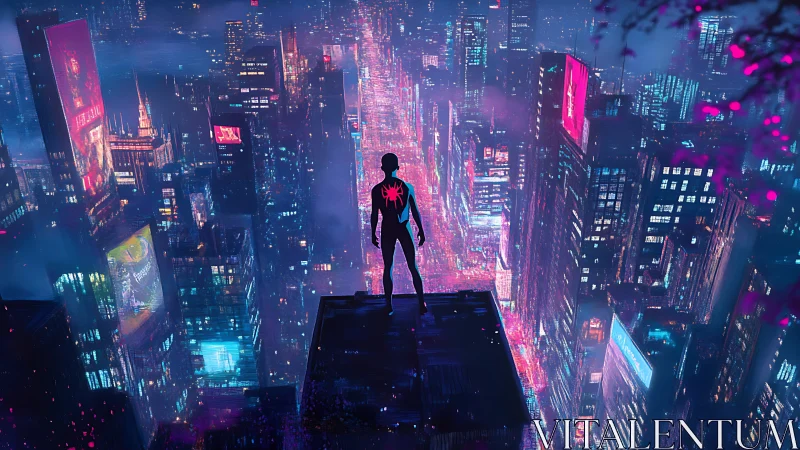 Silhouette stands over neon cityscape viewed from rooftop