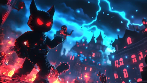 Luminous brick rogue storms a neon haunted city under lightning