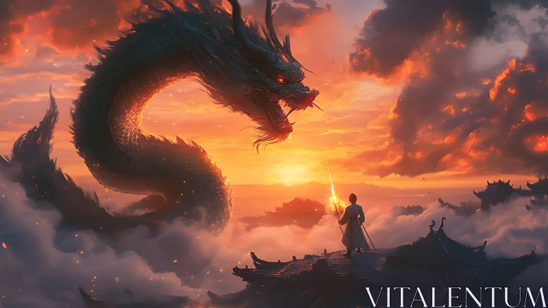 Warrior confronts colossal dragon above cloud temples.