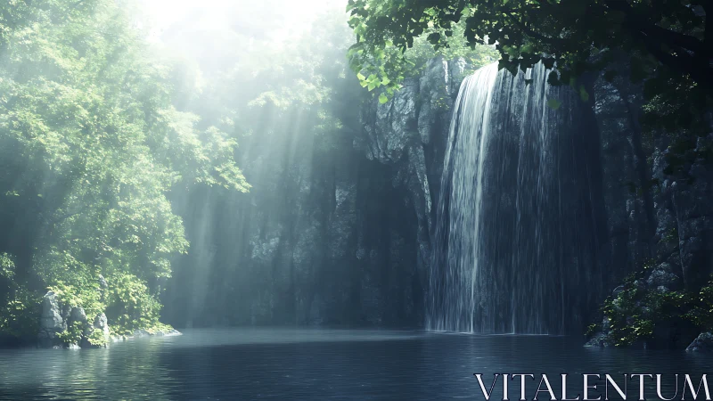 Volumetric dawn light across forest cliffside waterfall basin.