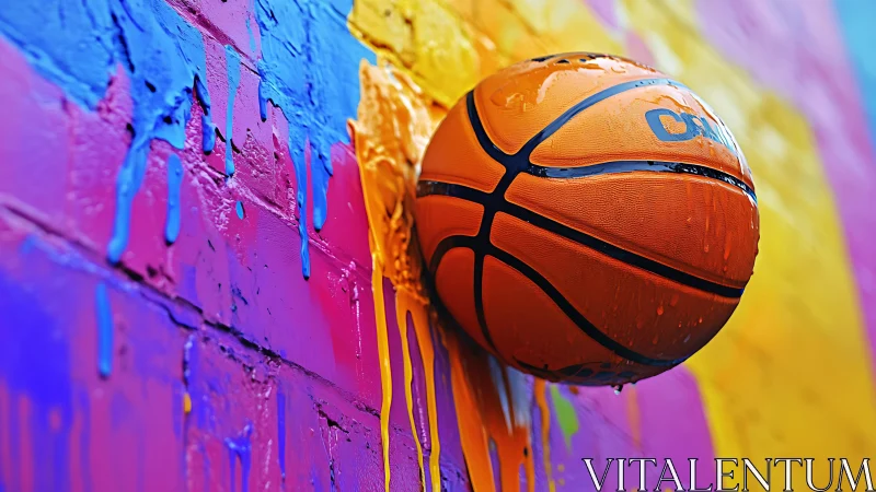 Streetball comet splashing through neon paint-soaked wall.