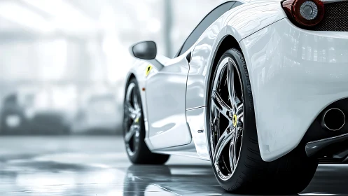 Rear three-quarter view shows white sports car in studio