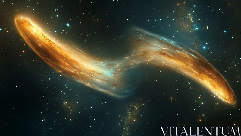 Cosmic ribbon of golden light bending across deep space.