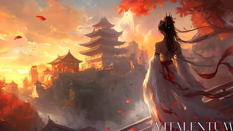 Elegant maiden gazes over ancient temples at blazing sunset