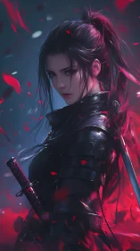 Midnight rose ronin wrapped in ember-bright falling petals.