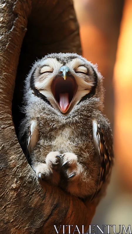 Juvenile owl mid-yawn within arboreal cavity, high detail.