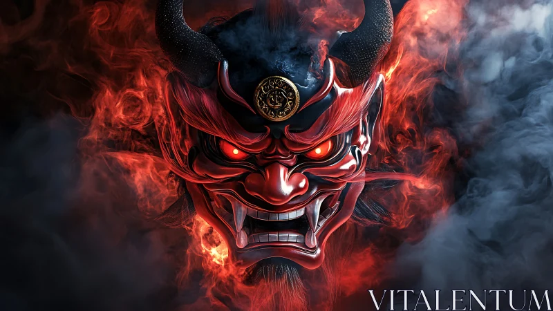 Demonic oni mask emerging through swirling crimson smoke.