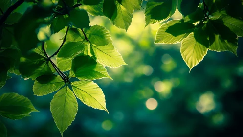 Sunlit Green Leaves in Soft Focus Nature Photography Style.