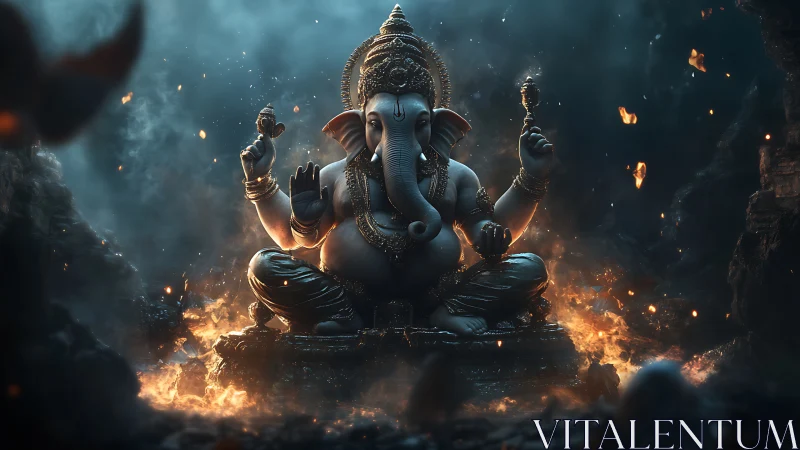 Volumetric-lit Ganesha statue amid embers and dynamic fire field