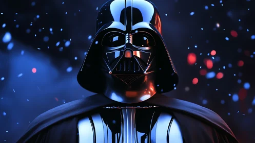 Dark armored figure amid glowing blue and red particles.