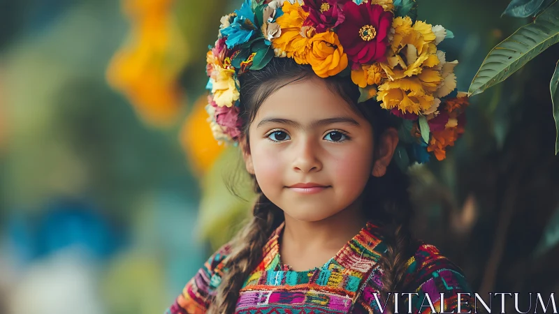 Young girl wearing vibrant flower crown in traditional textile.