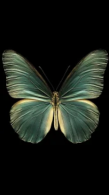 Symmetrical teal butterfly with metallic edges on black.