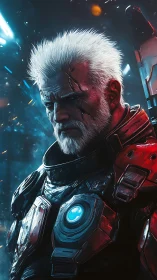 Seasoned space warrior stands strong in glowing armor