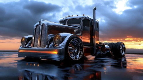 Streamlined chrome semi truck on wet reflective surface at dusk.
