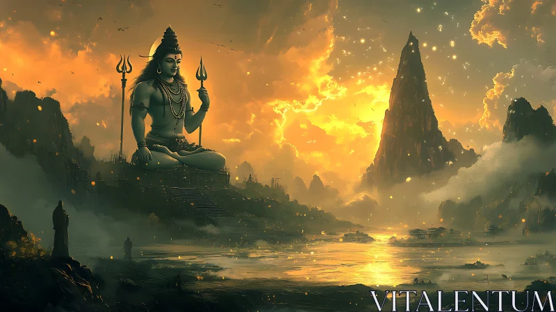 Shiva statue oversees misty river valley at golden sunset