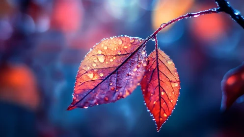 Macro study of dew-covered crimson leaves in bokeh glow.
