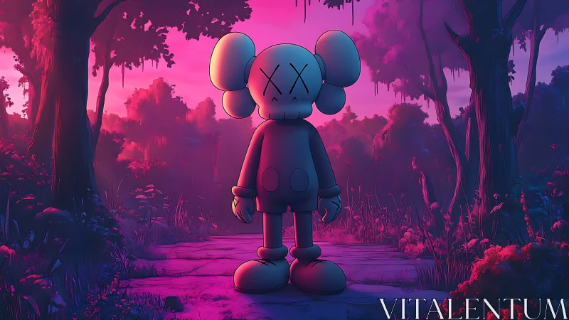 Toy-like figure in neon magenta teal twilight forest path