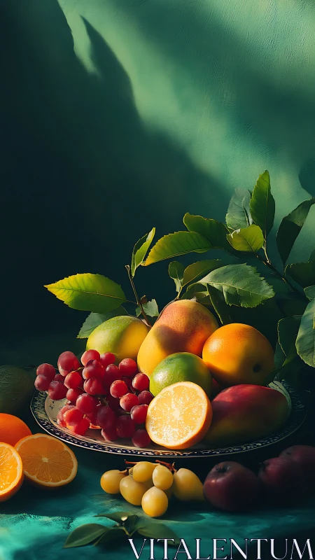 Sunlit still life of jewel-bright fruit on emerald cloth.