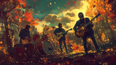 Indie rock band performs amid glowing autumn forest light