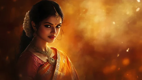 Traditional Indian woman in orange saree against warm light.