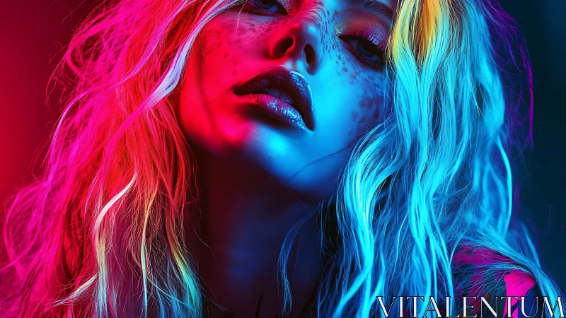 Chromatic neon portrait under high-contrast triadic lighting matrix.