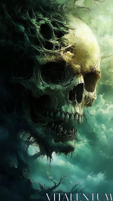 Rotwood colossus skull adrift in stormborn emerald fog.
