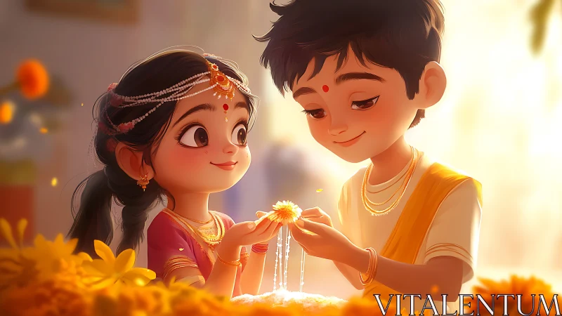 Two children sharing flowers in golden sunlight during festival celebration.